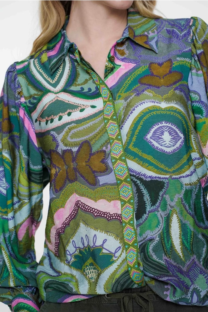 BLOUSE GRAFISCHE PRINT MET TAPE 53227 20 Green/Purple